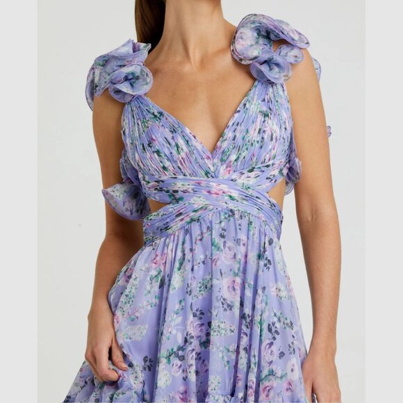 Mac Duggal 56049 Size 6 Light Purple Floral Tiered Ruffle Shoulder Midi Dress - Picture 8 of 9